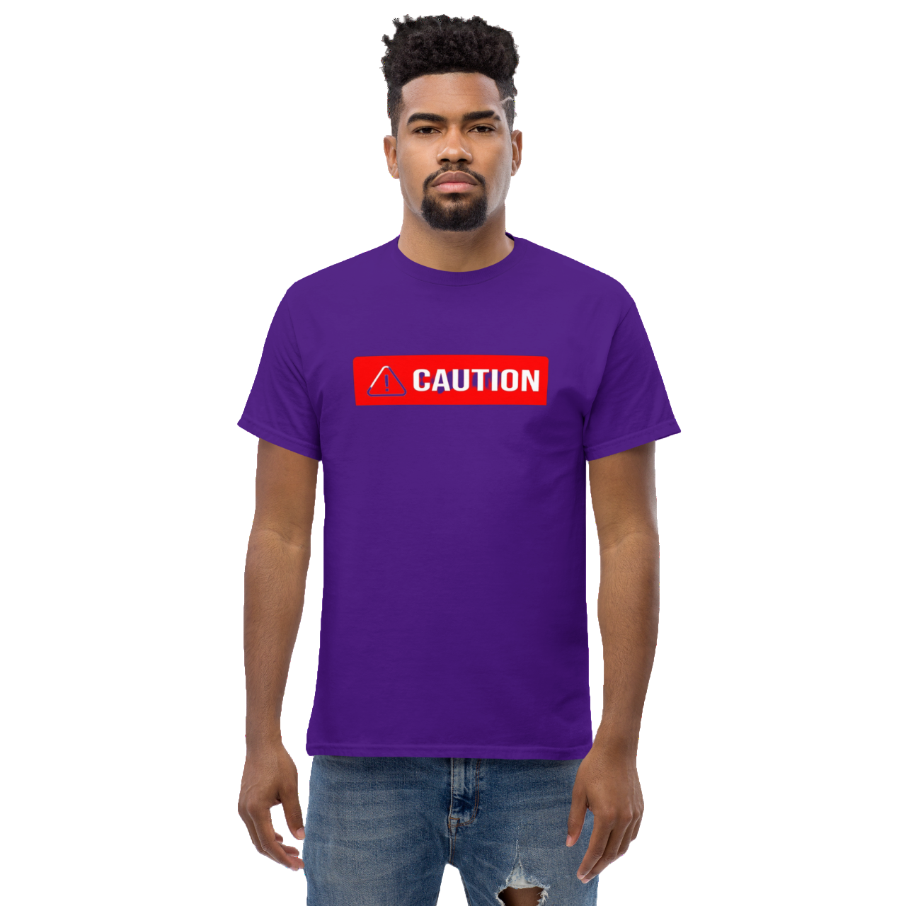 a man wearing a purple t - shirt with the word caution on it