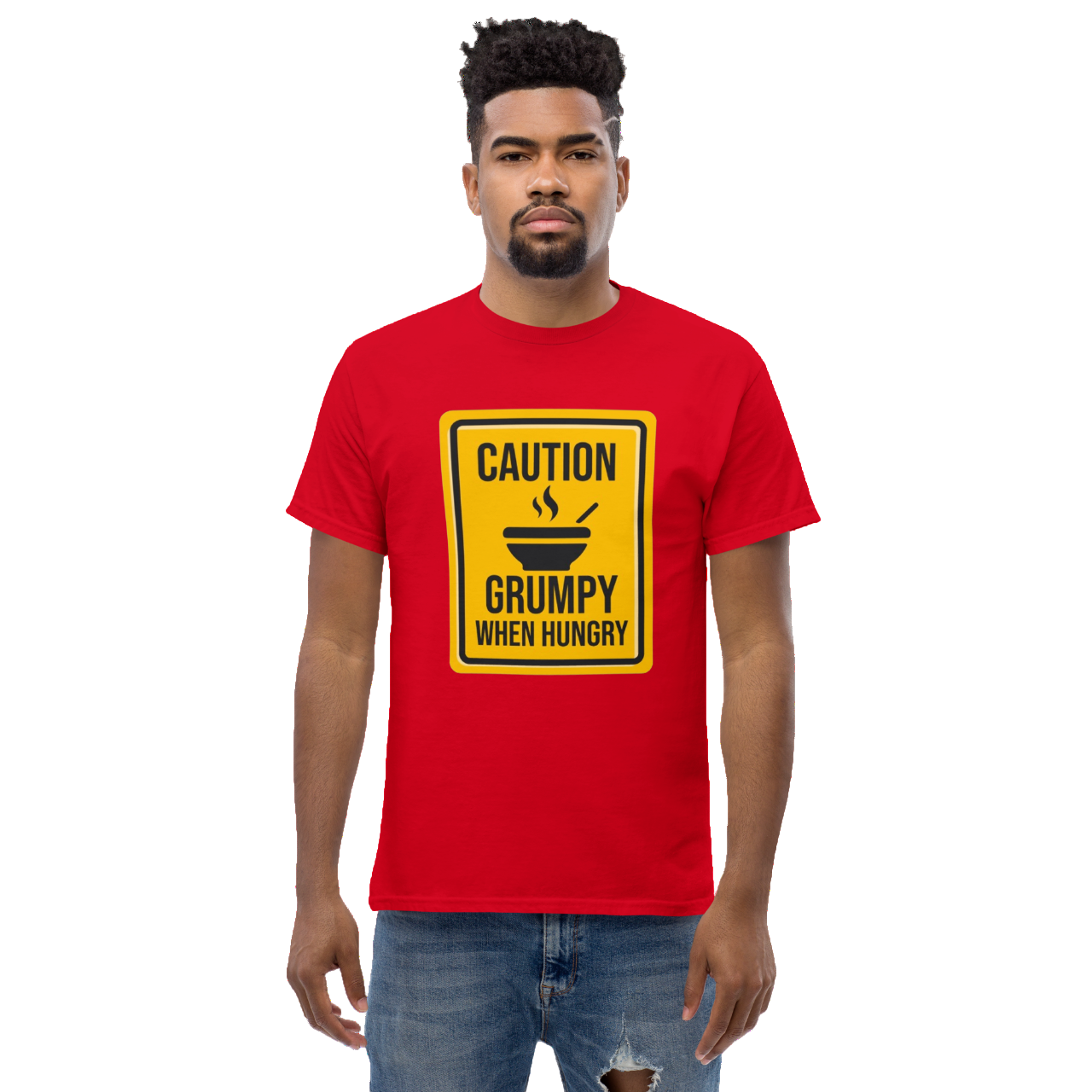 a man wearing a red shirt with a caution sign on it