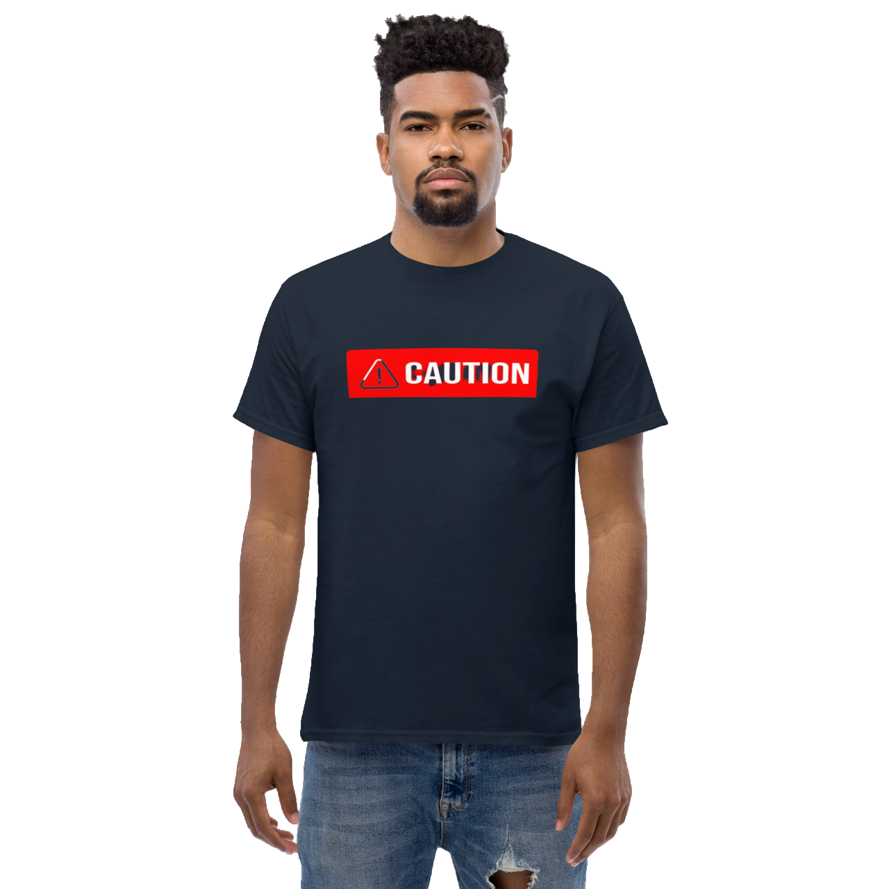 a man wearing a t - shirt that says caution