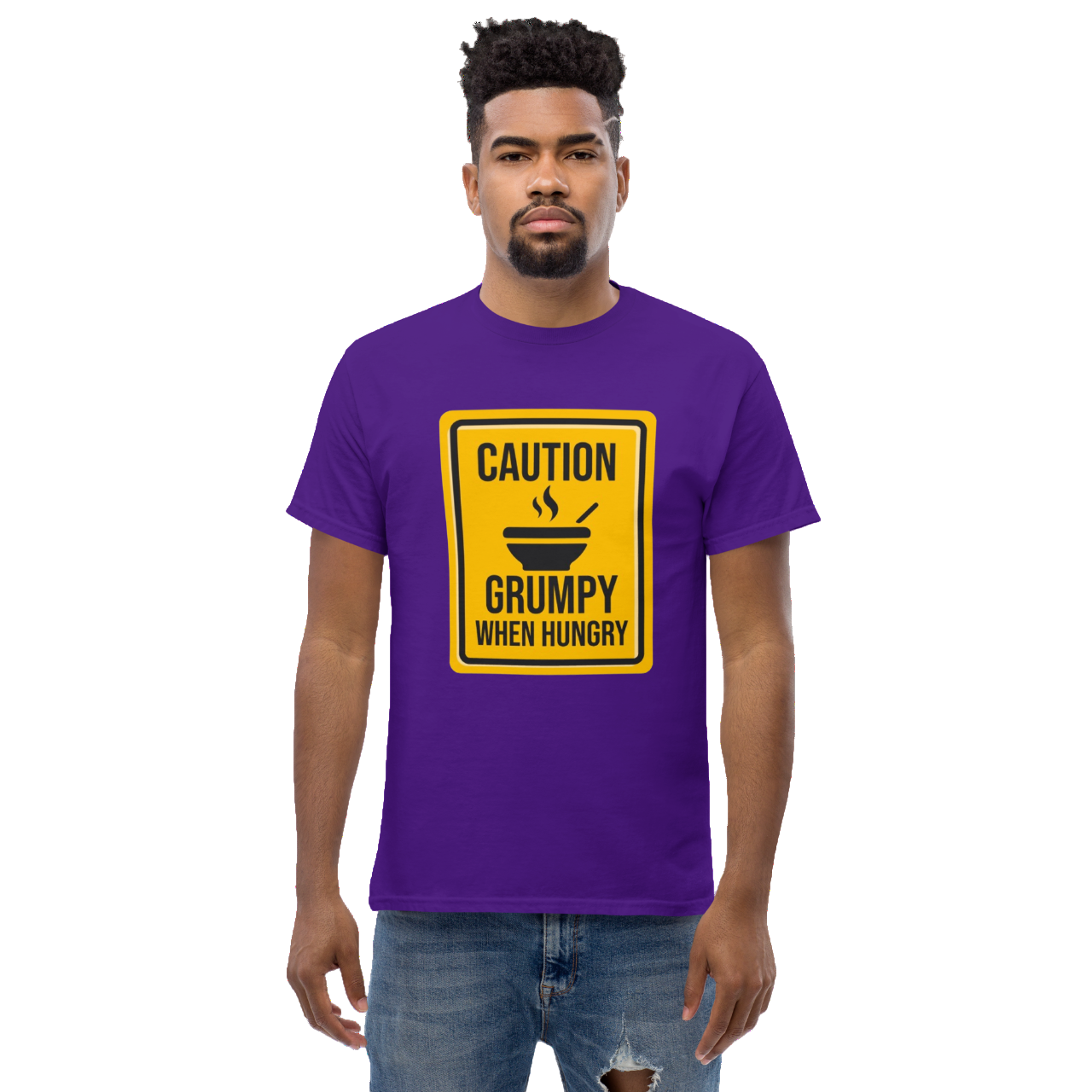 a man wearing a purple t - shirt that says caution is a grumpy