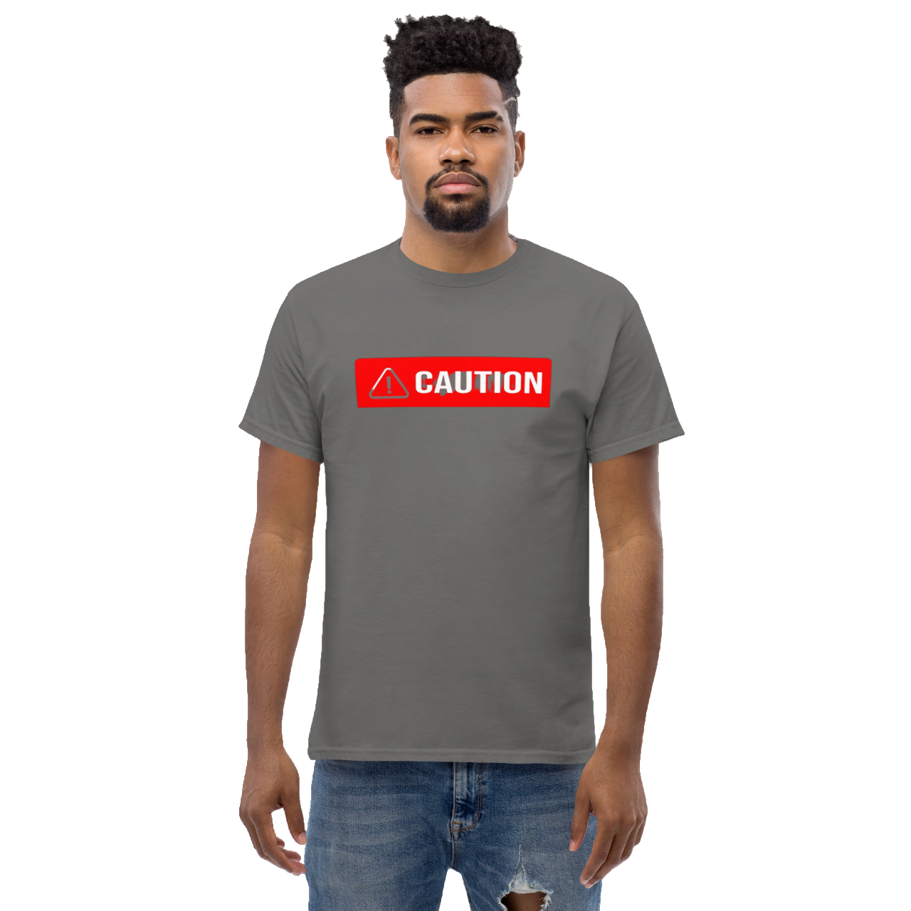 a man wearing a t - shirt that says caution