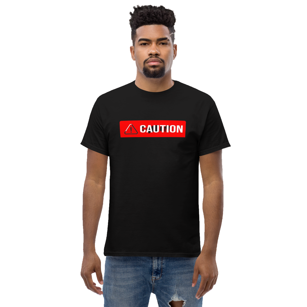 a man wearing a black t - shirt with the word caution on it