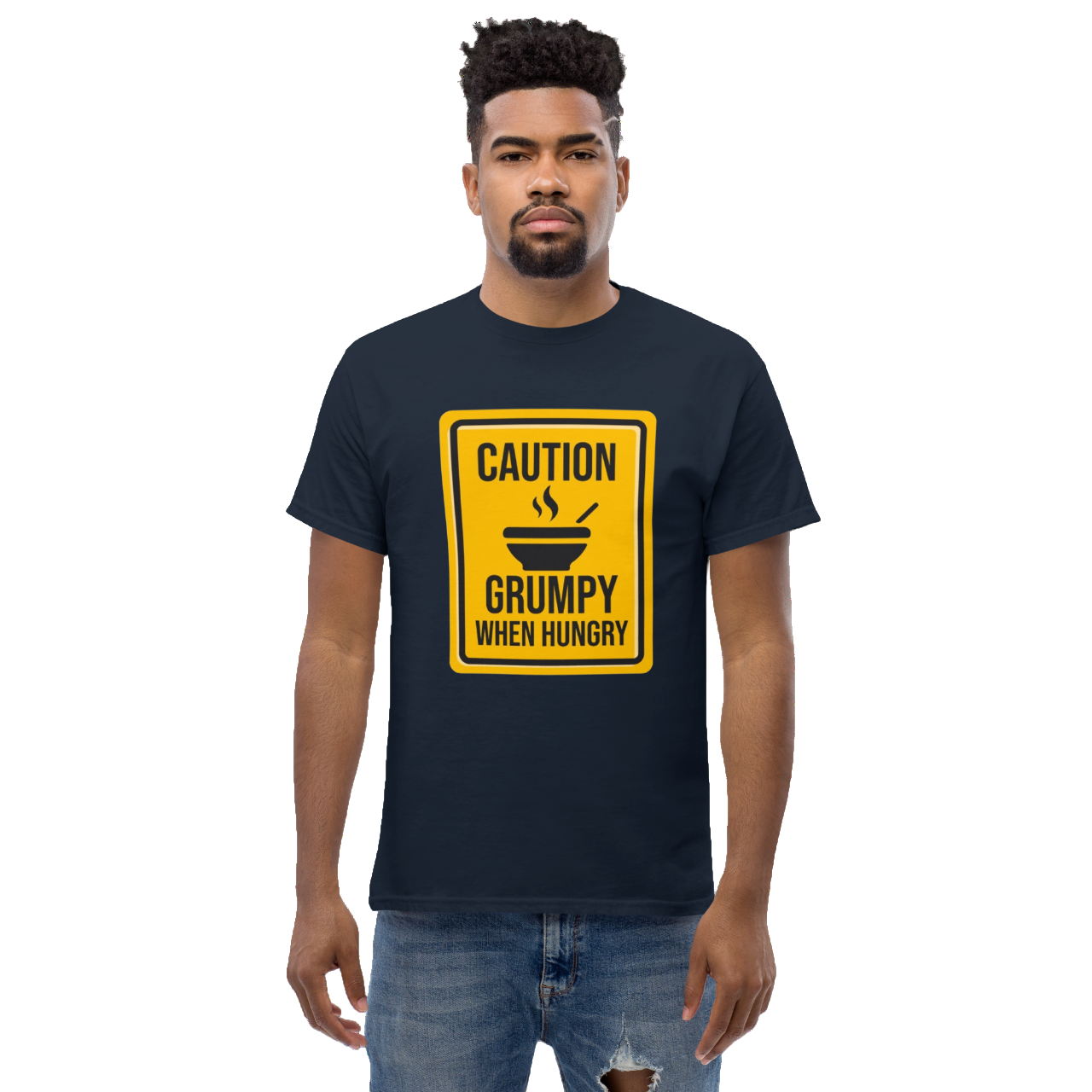 a man wearing a t - shirt that says caution is grumpy