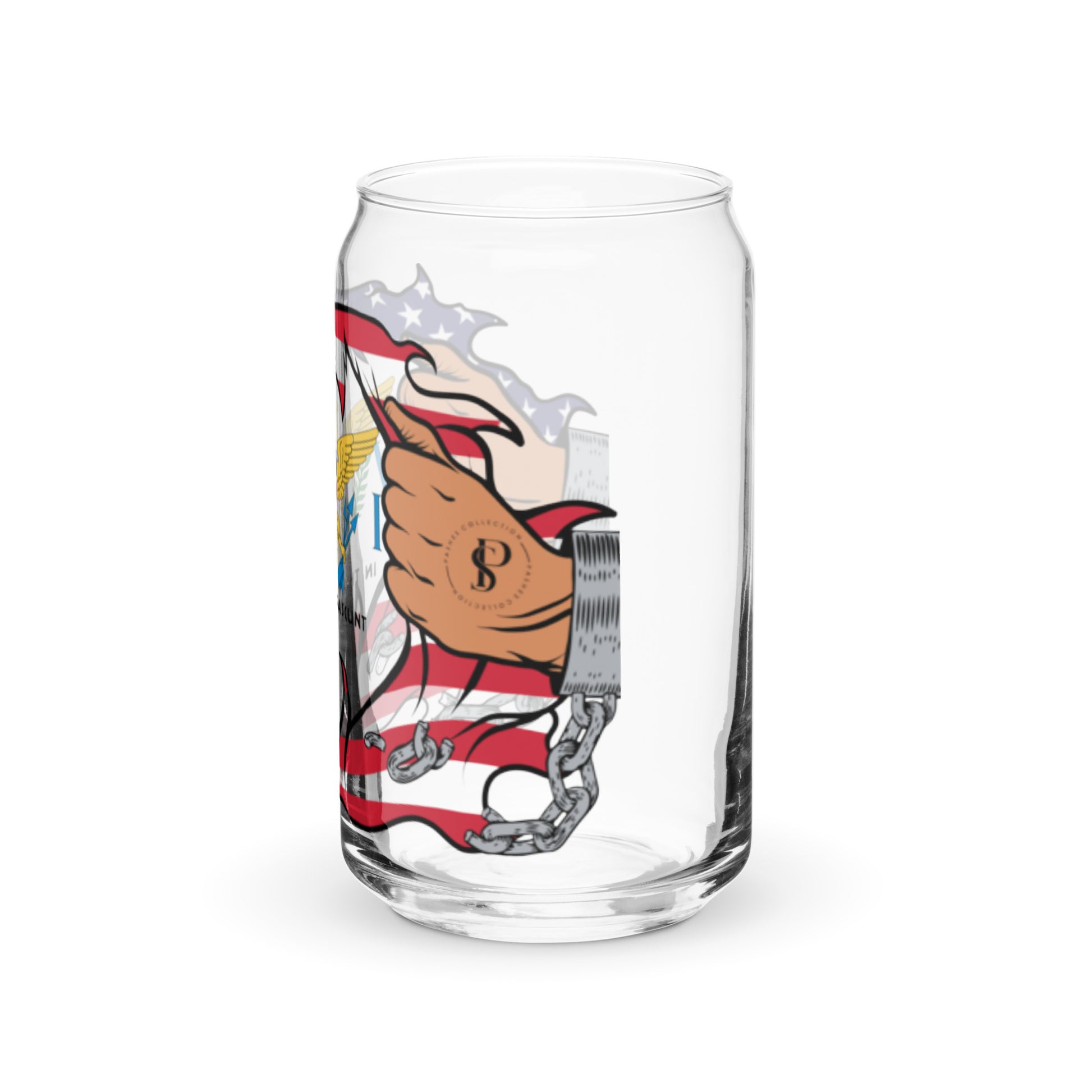 a glass with a picture of a hand holding a gun