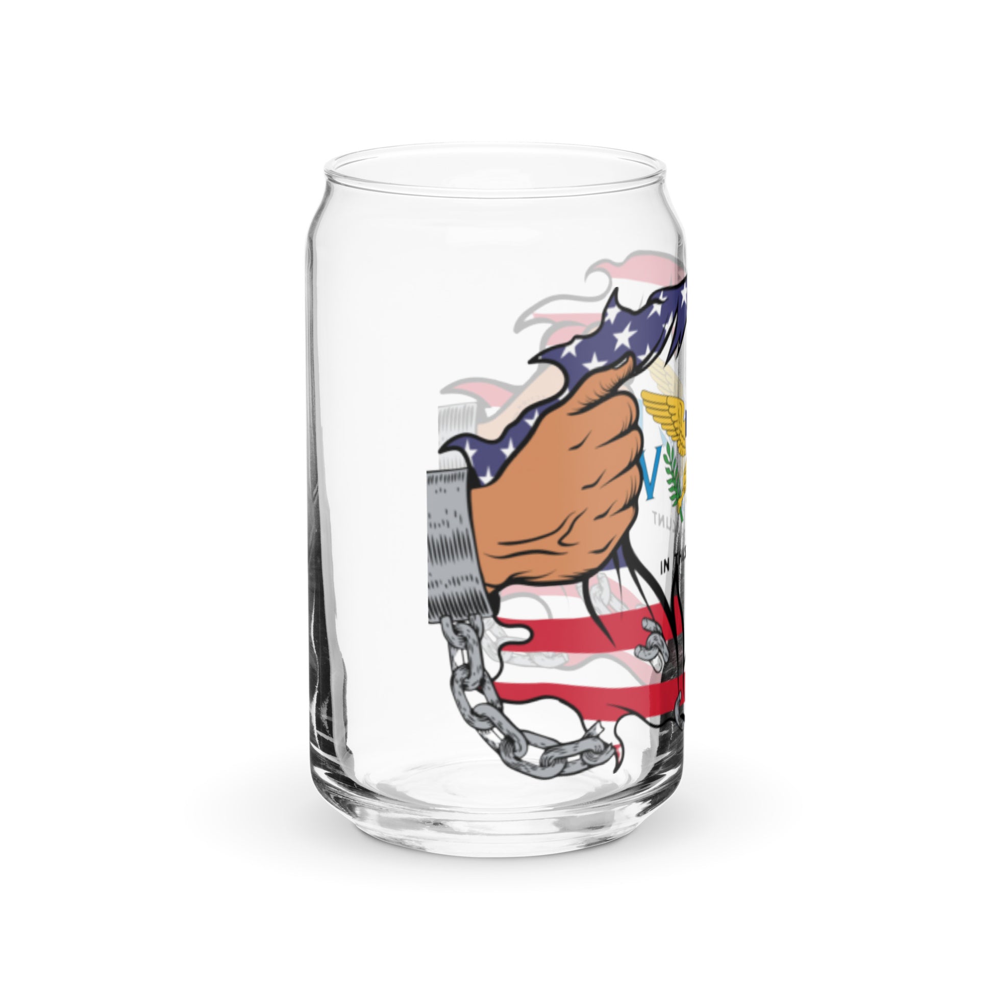 a glass with a picture of a hand holding a gun