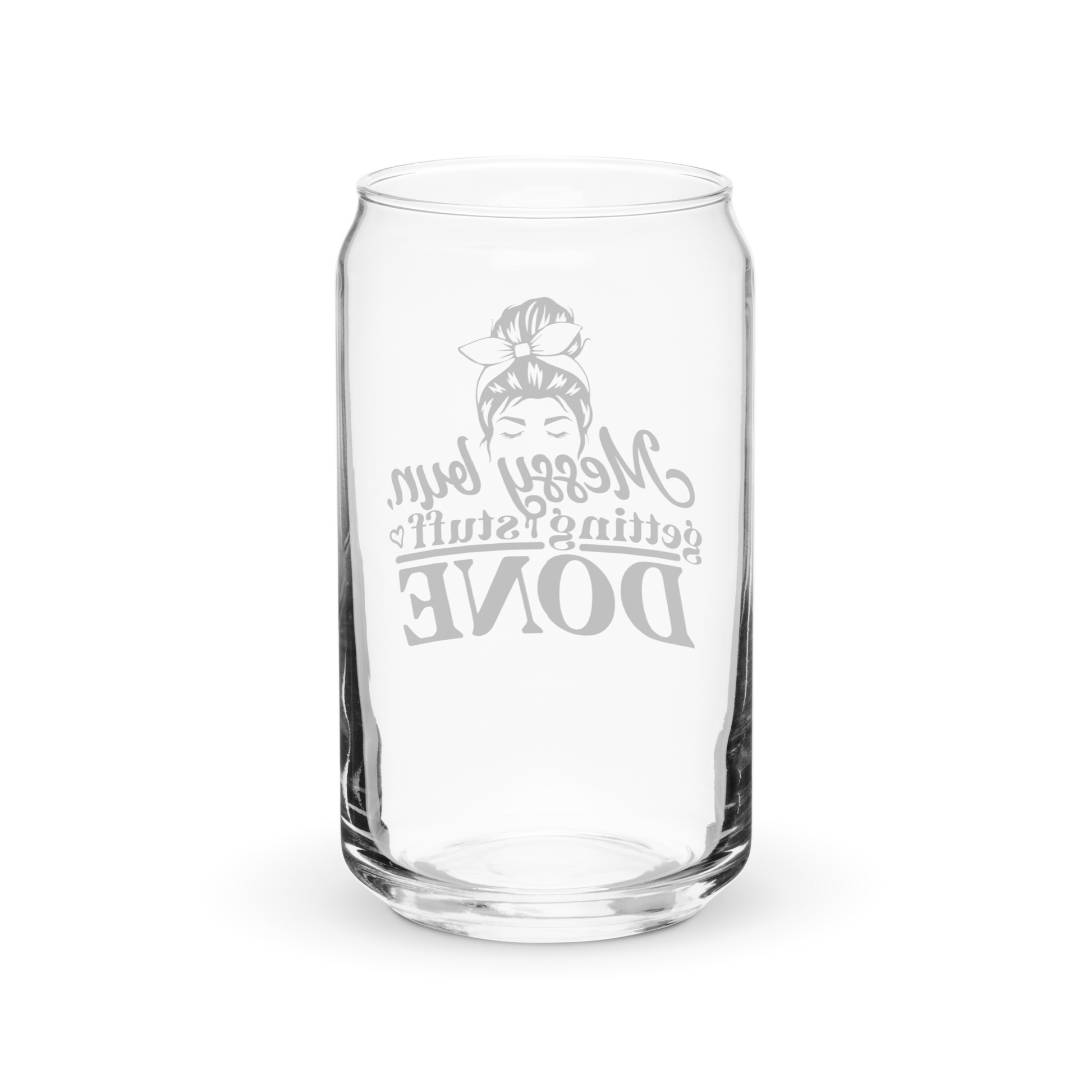 a clear glass with a white lettering on it