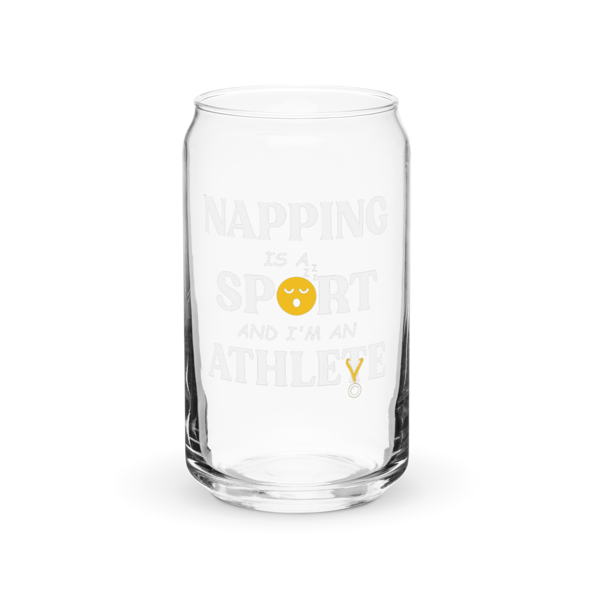 a clear glass with a saying that says napping is a sport and i '