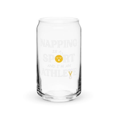 a clear glass with a saying that says napping is a sport and i '