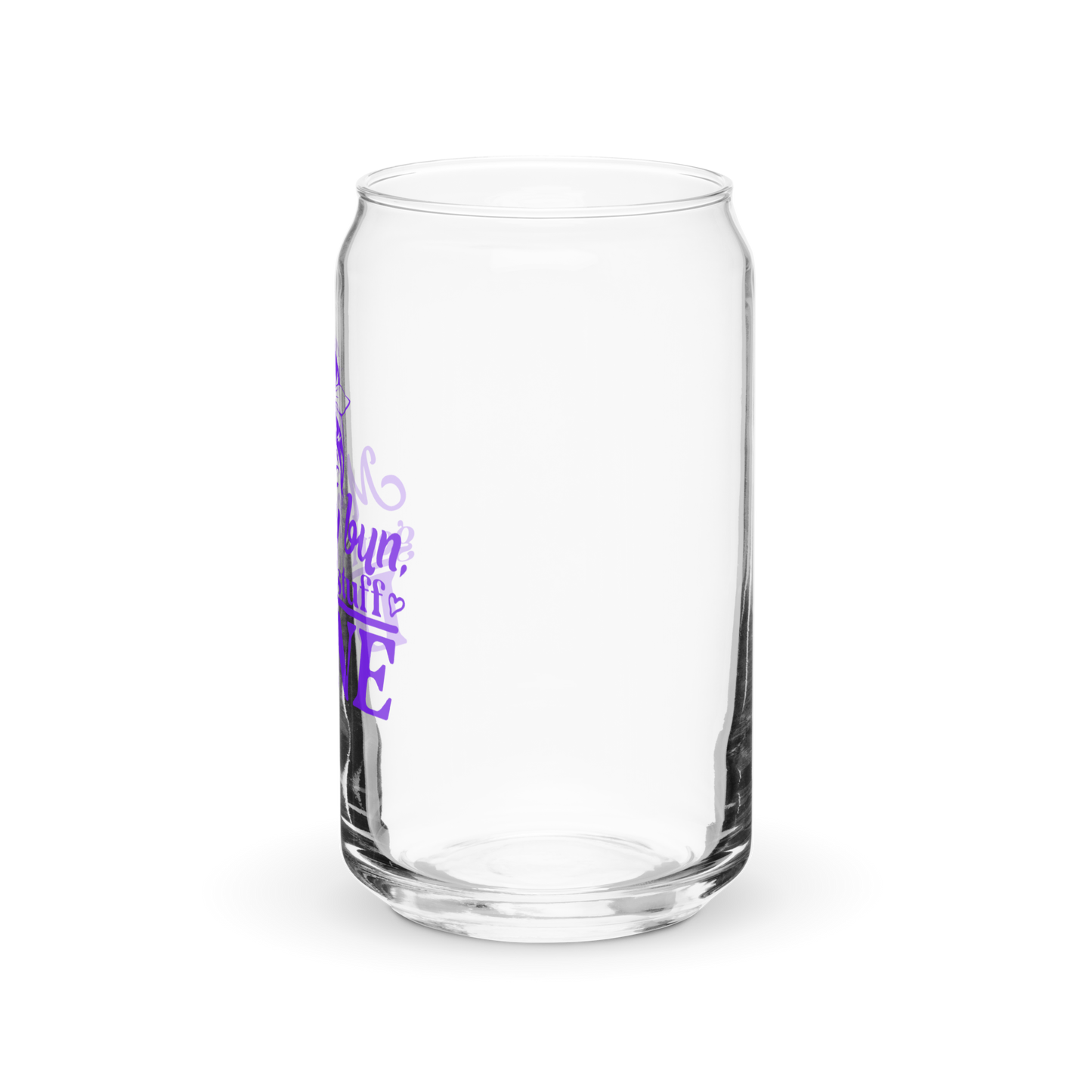 a clear glass with purple writing on it