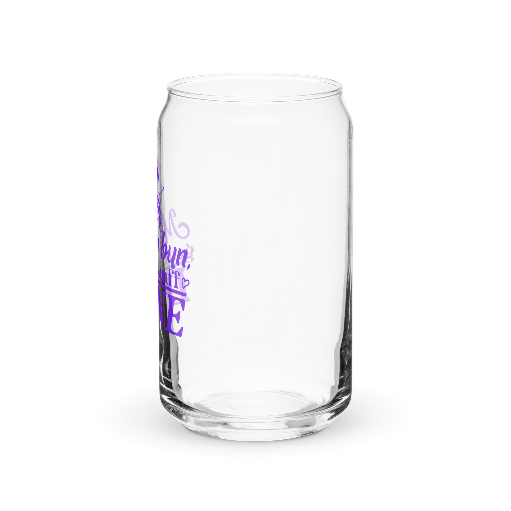 a clear glass with purple writing on it