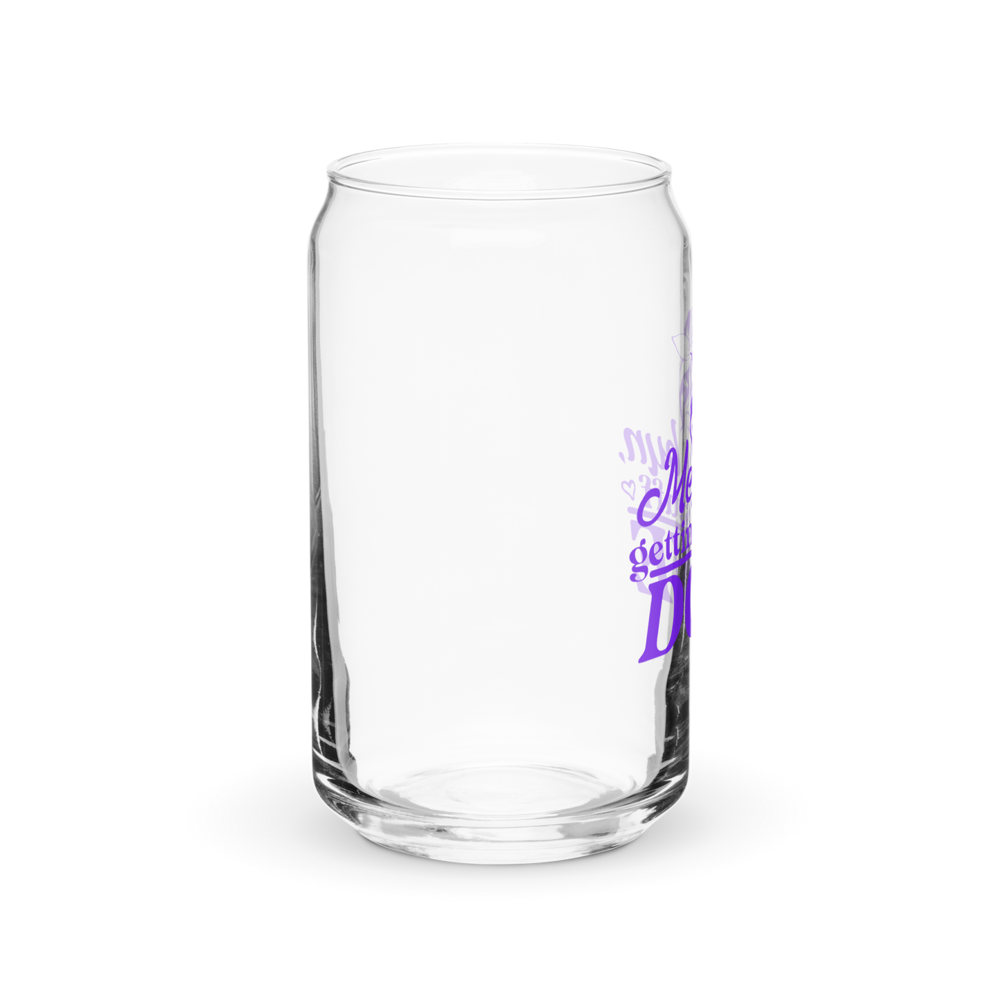 a clear glass with purple writing on it