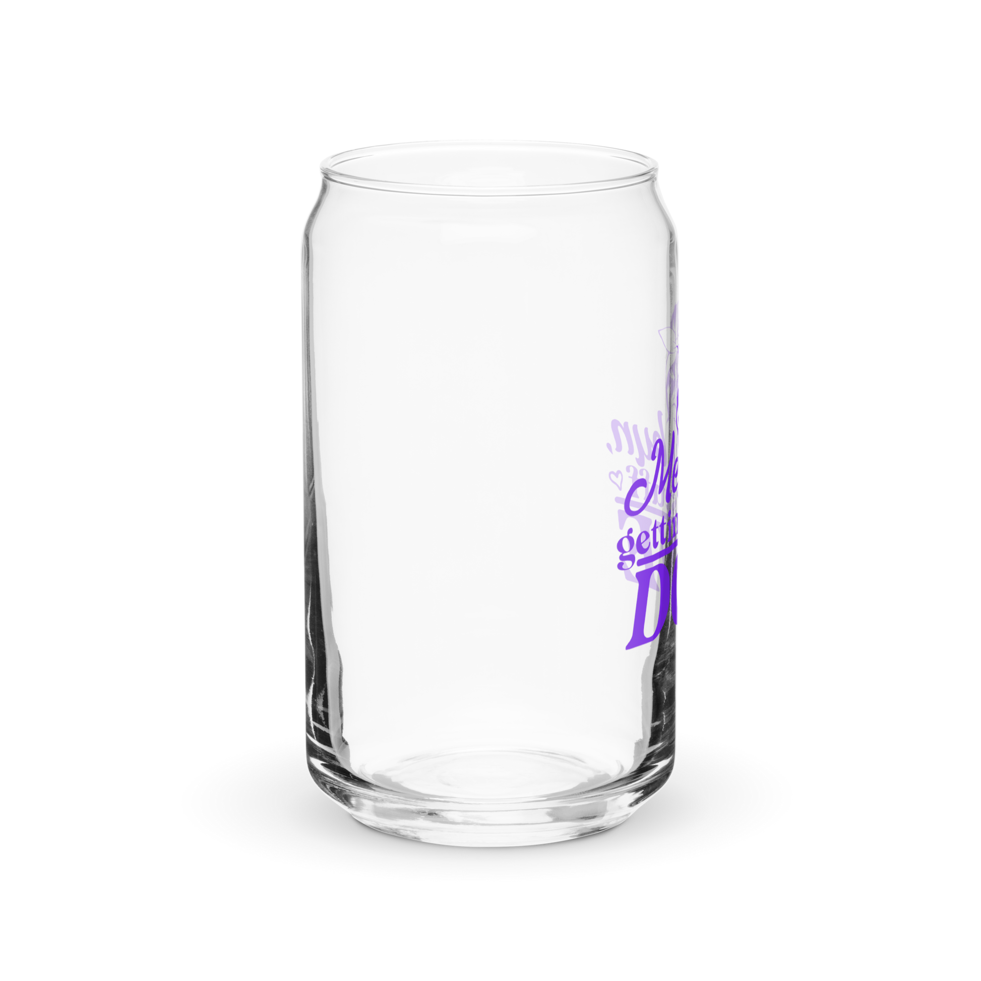 a clear glass with purple writing on it