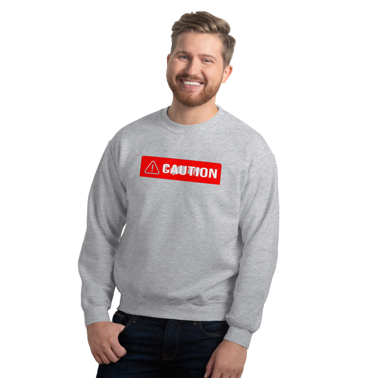 a man wearing a sweatshirt with the word caution on it