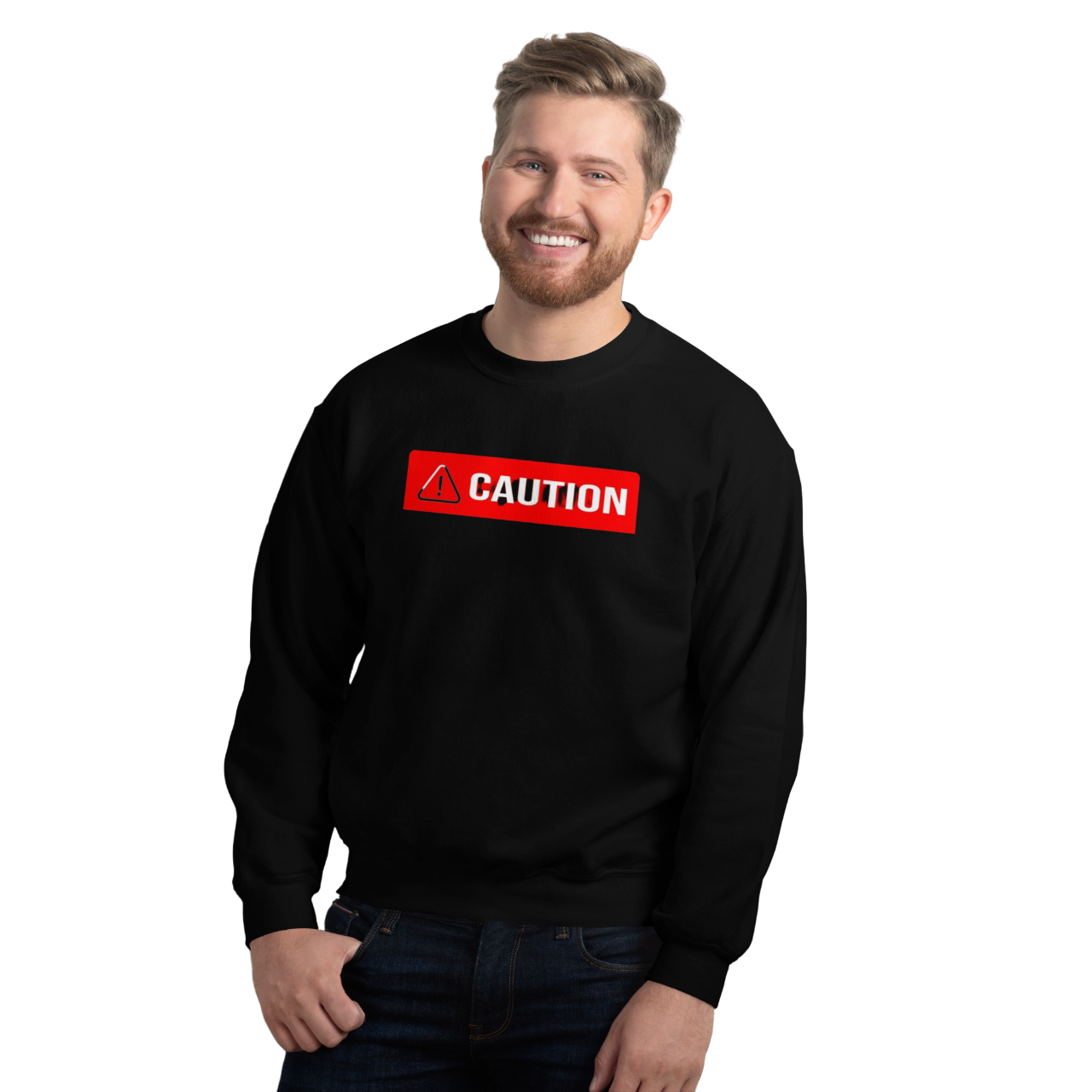 a man wearing a black sweatshirt with the word caution on it