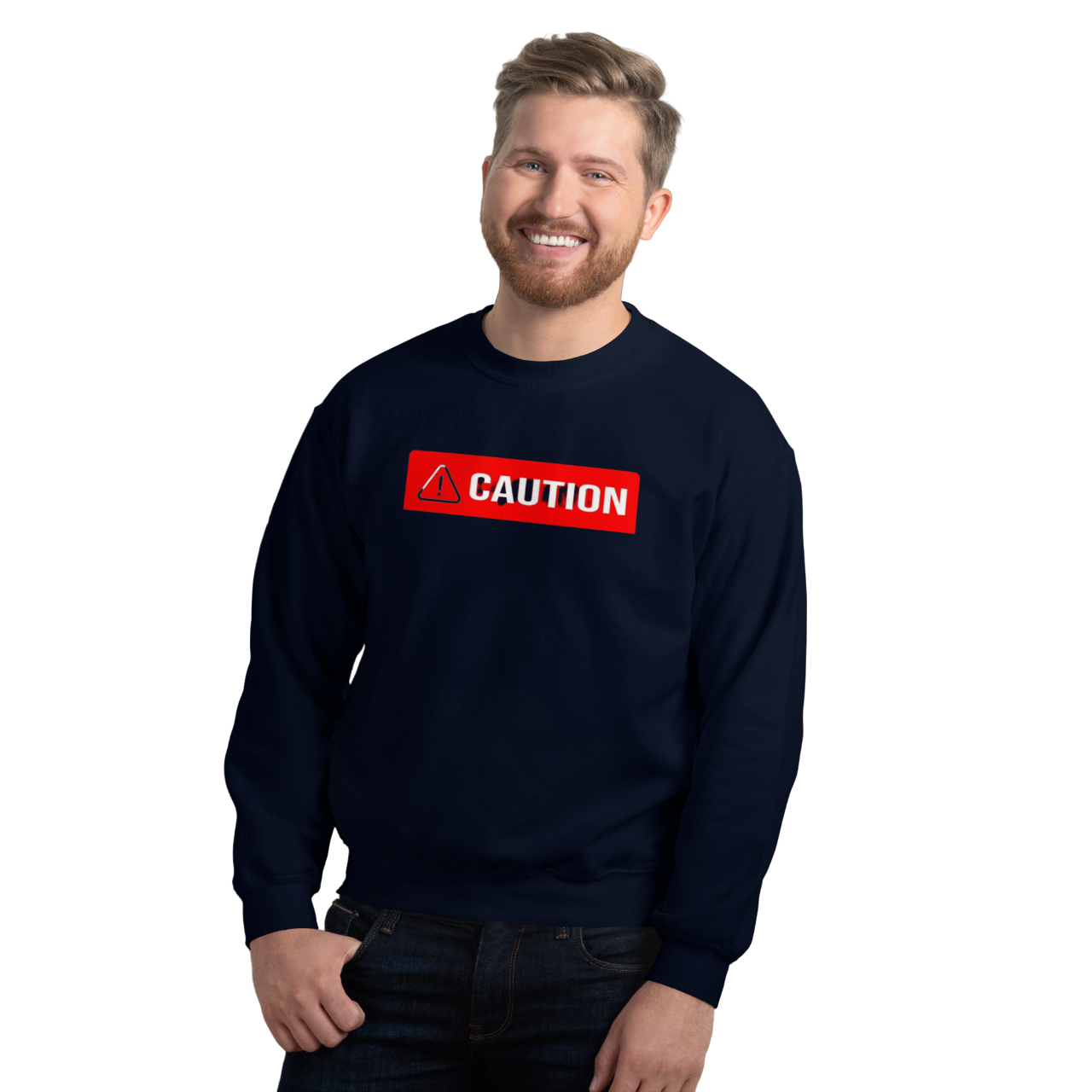 a man wearing a sweatshirt that says caution