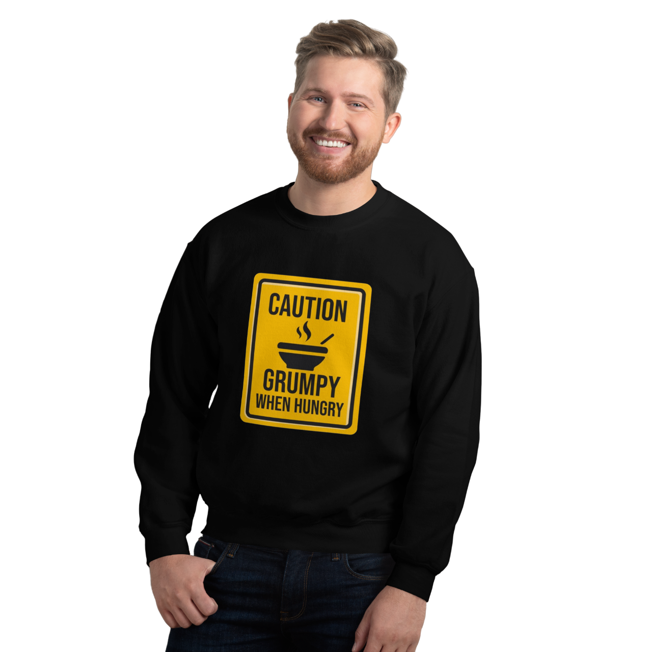 a man wearing a black sweatshirt with a caution sign on it