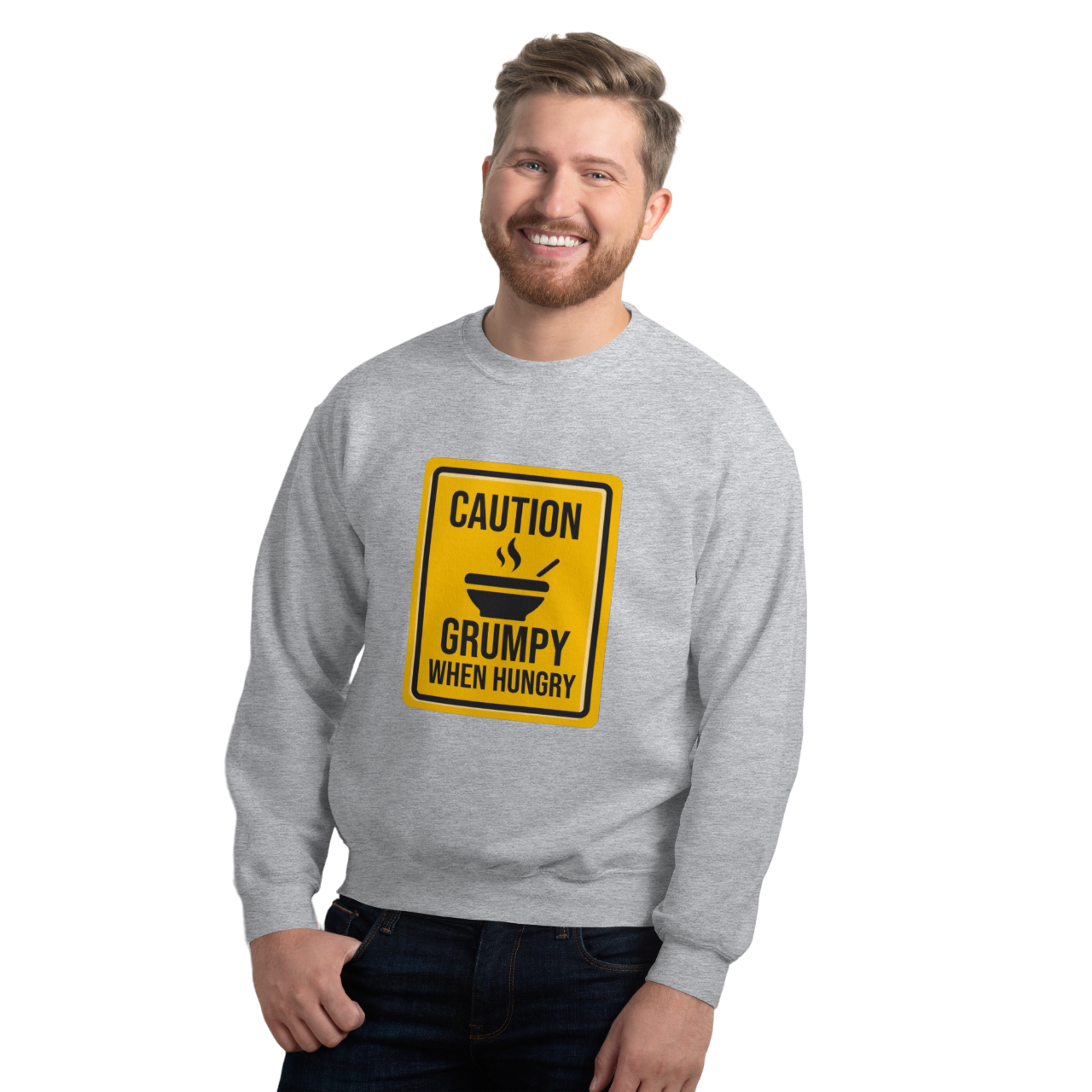 a man wearing a sweatshirt with a caution sign on it