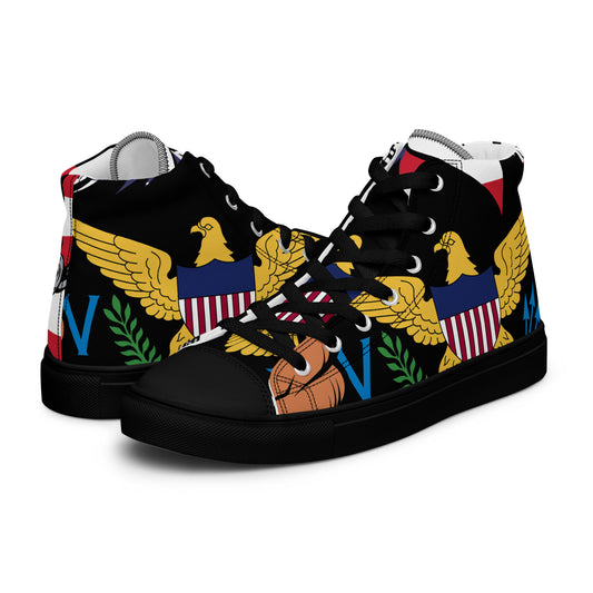 a pair of sneakers with eagle and flag designs