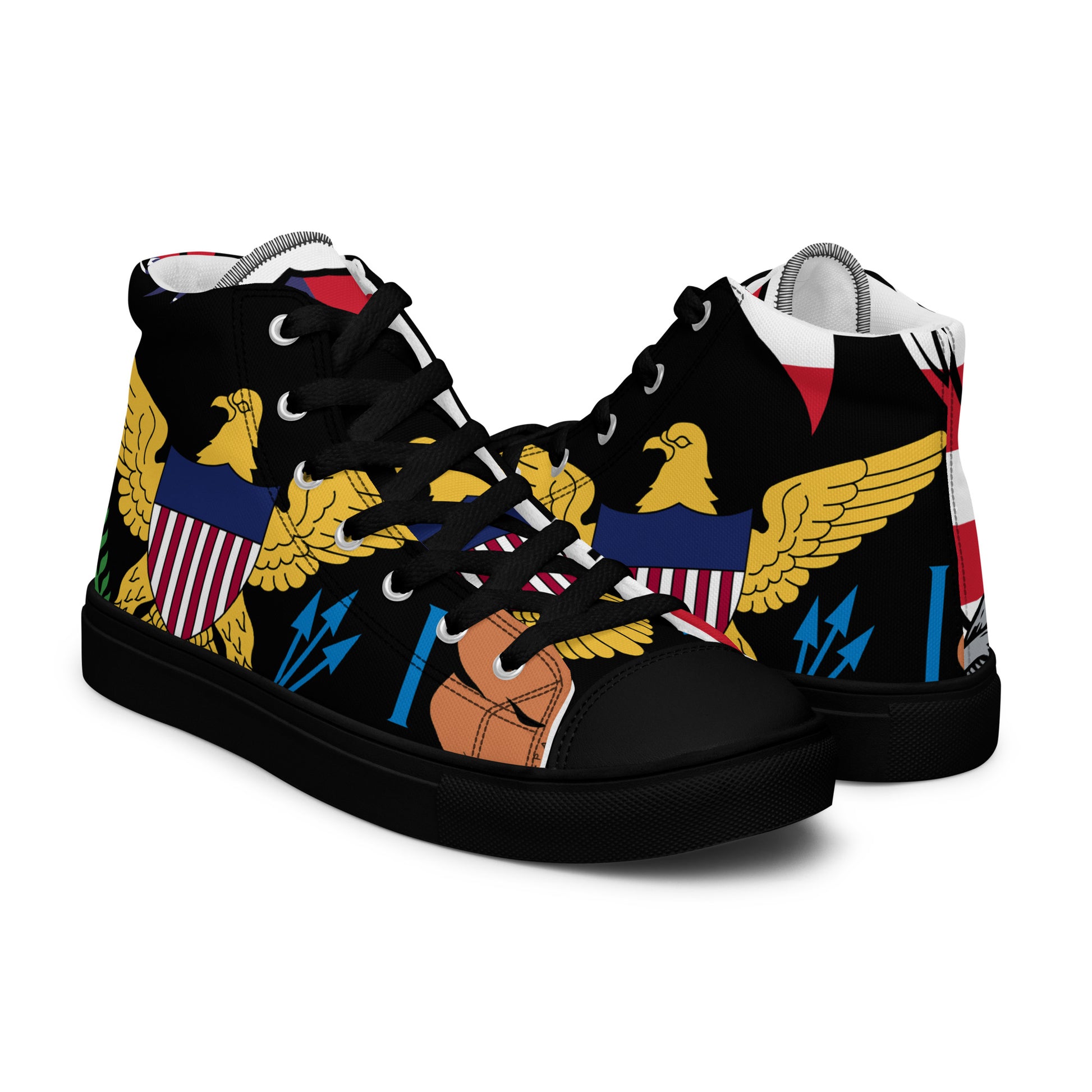 a pair of sneakers with eagle and american flag on them