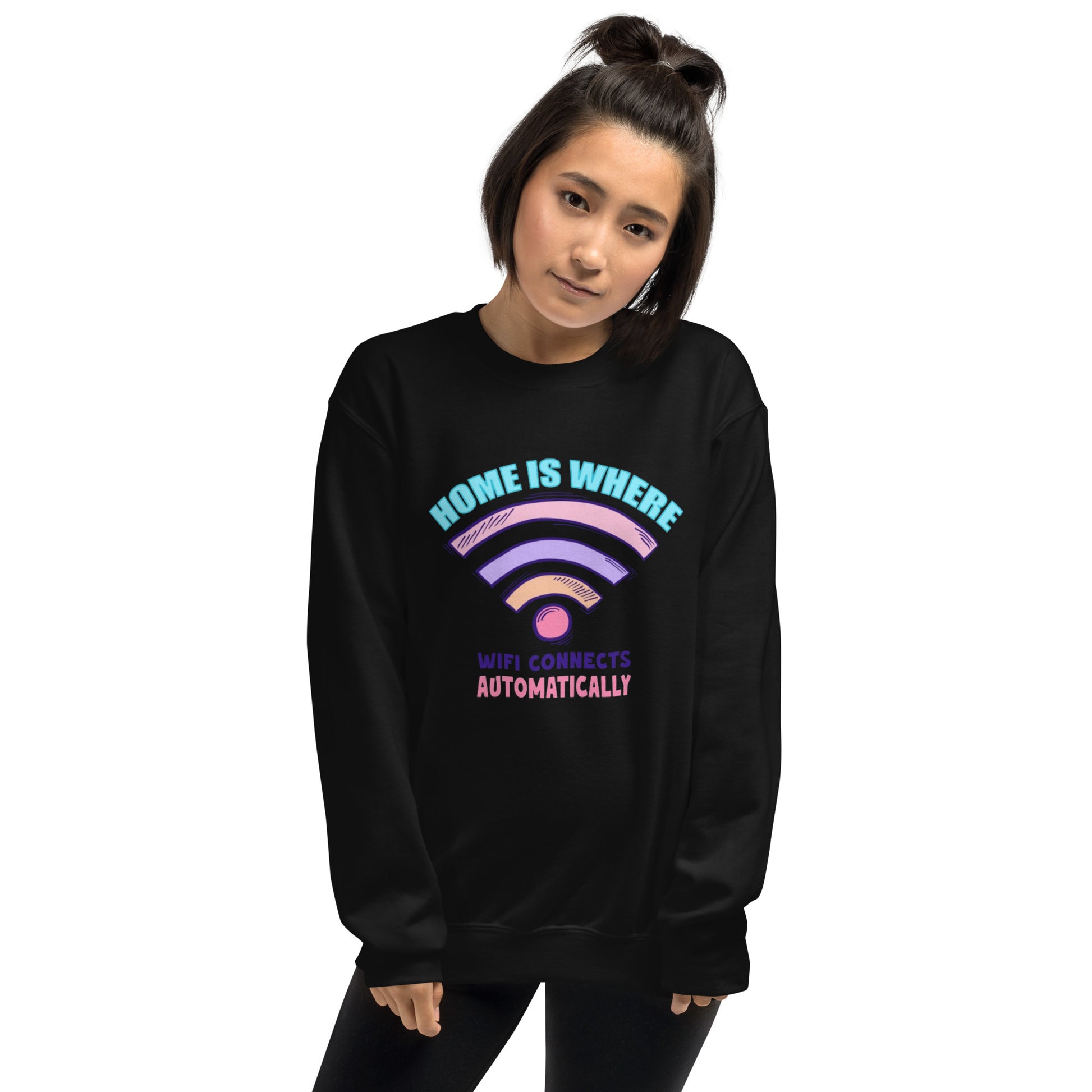 a woman wearing a black sweatshirt that says home is where the internet is