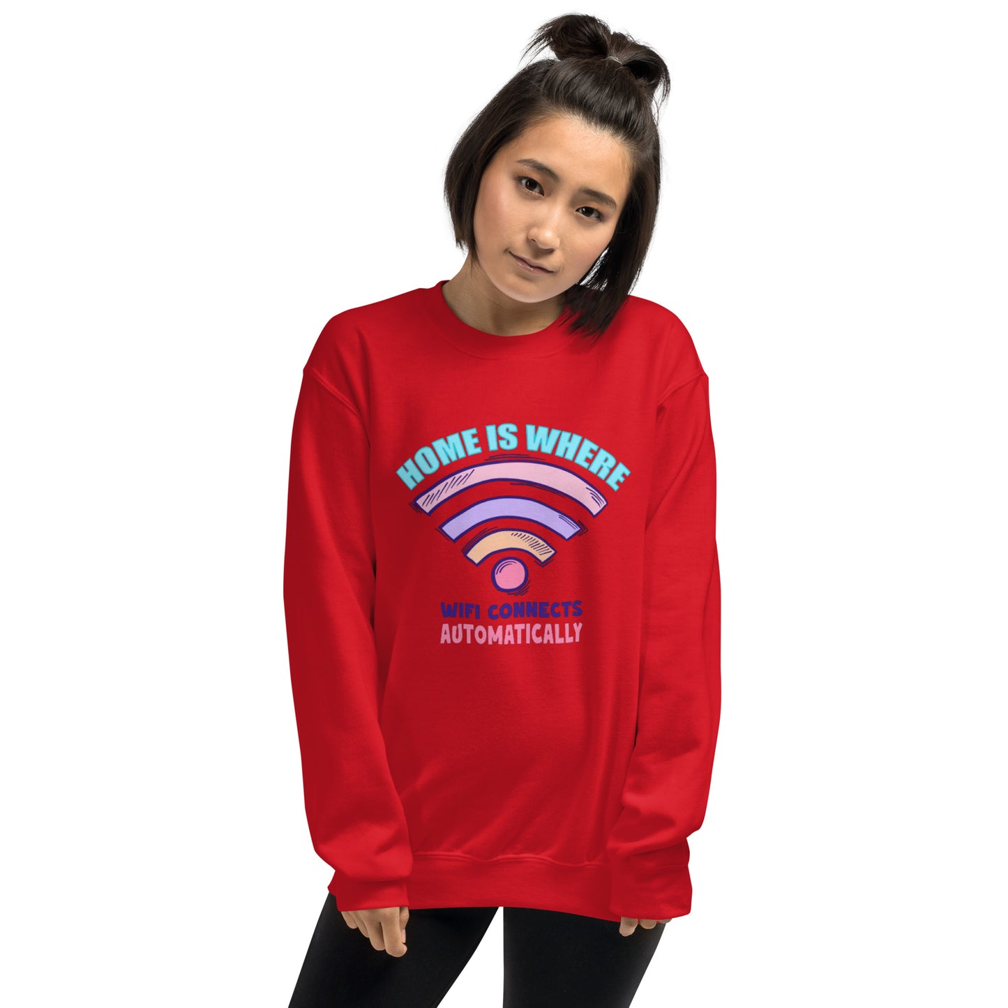 a woman wearing a red sweatshirt with the words home is where the internet is