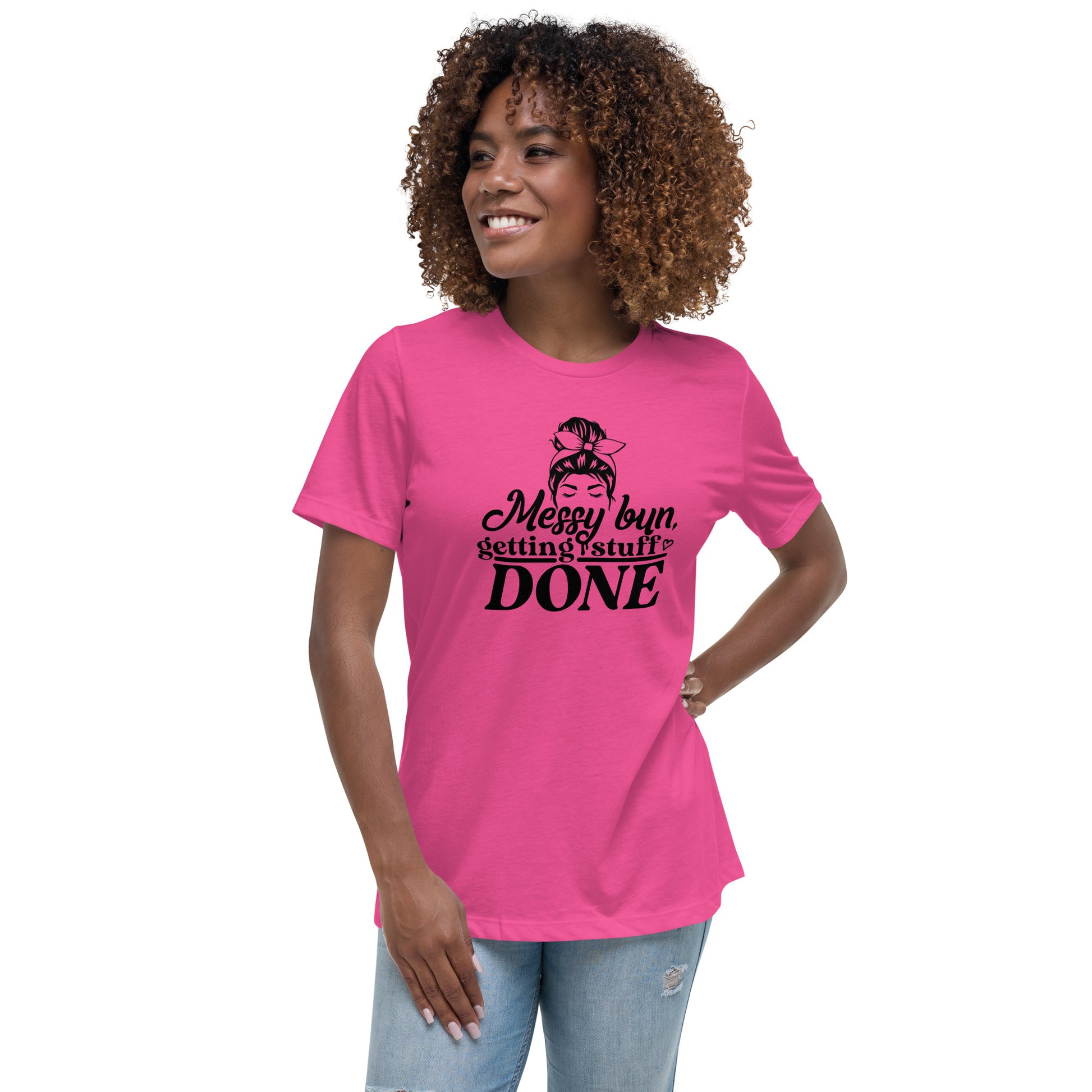 a woman wearing a pink t - shirt that says merry christmas is done