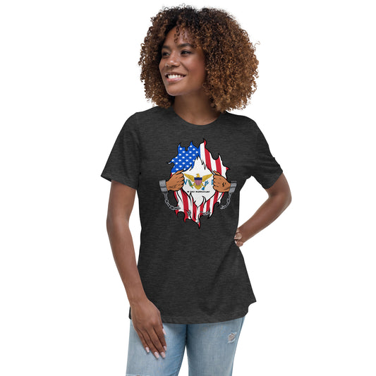 a woman wearing a t - shirt with an american flag design