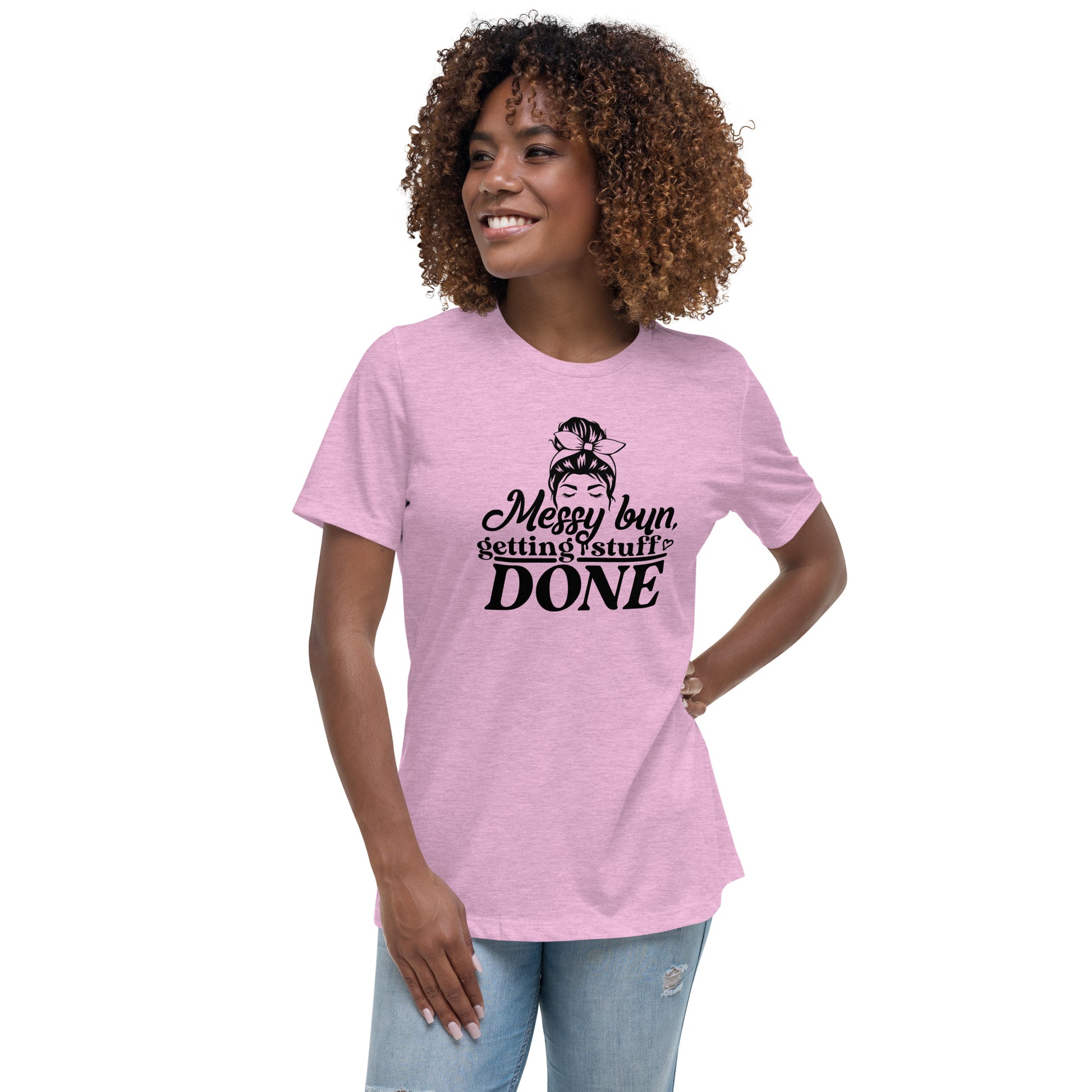 a woman wearing a pink t - shirt that says merry boni because she '