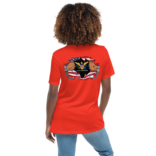 a woman wearing a red t - shirt with a black cat on it